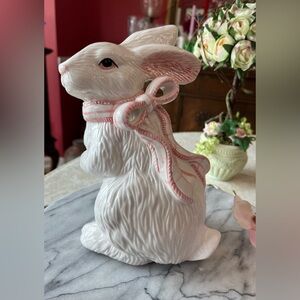 Easter: Elegant & Lovely 8” White Textured Ceramic Bunny, 3-D Pink Ceramic Bow